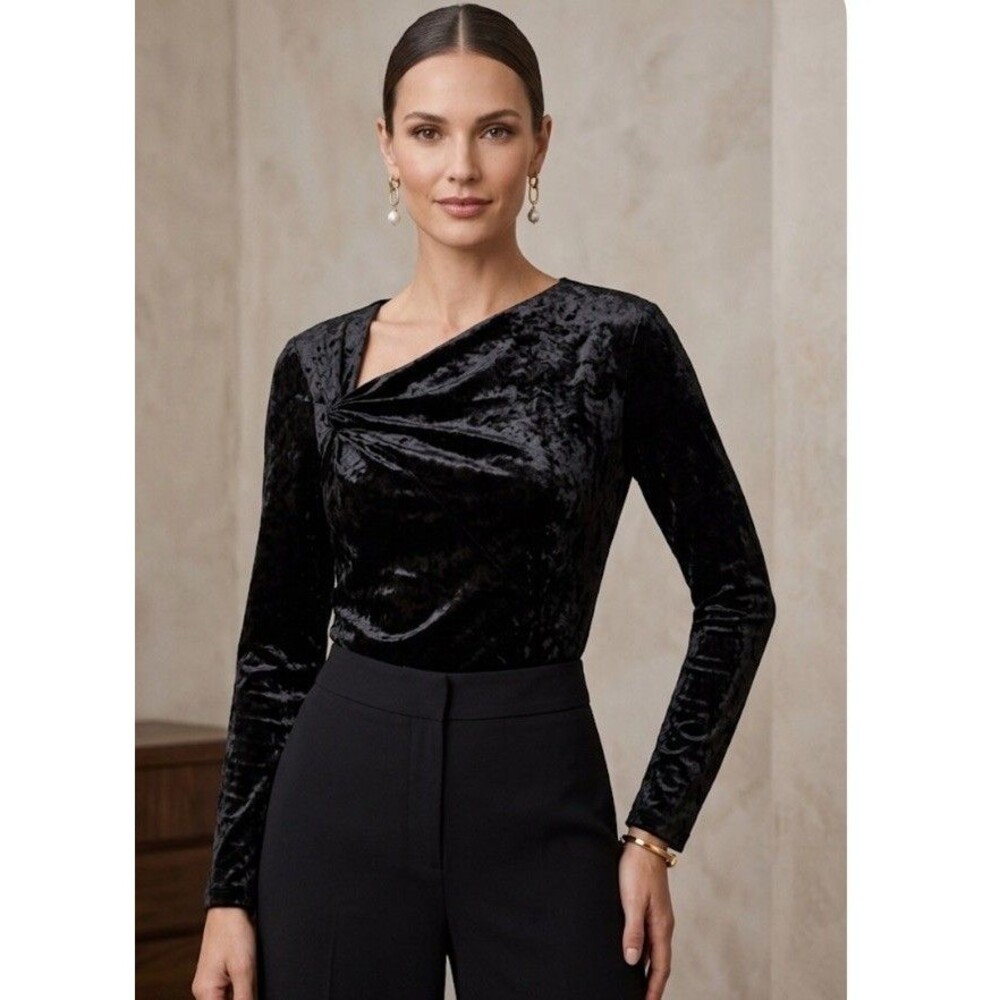 Calvin Klein Women’s Top,Black Velvet Stretch Shirt Knots up on Left Shoulder